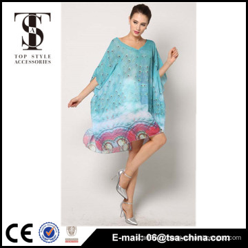 Оптовый павлин печати женщин 2015 новый дизайн длинное прикрытие пляжа платье